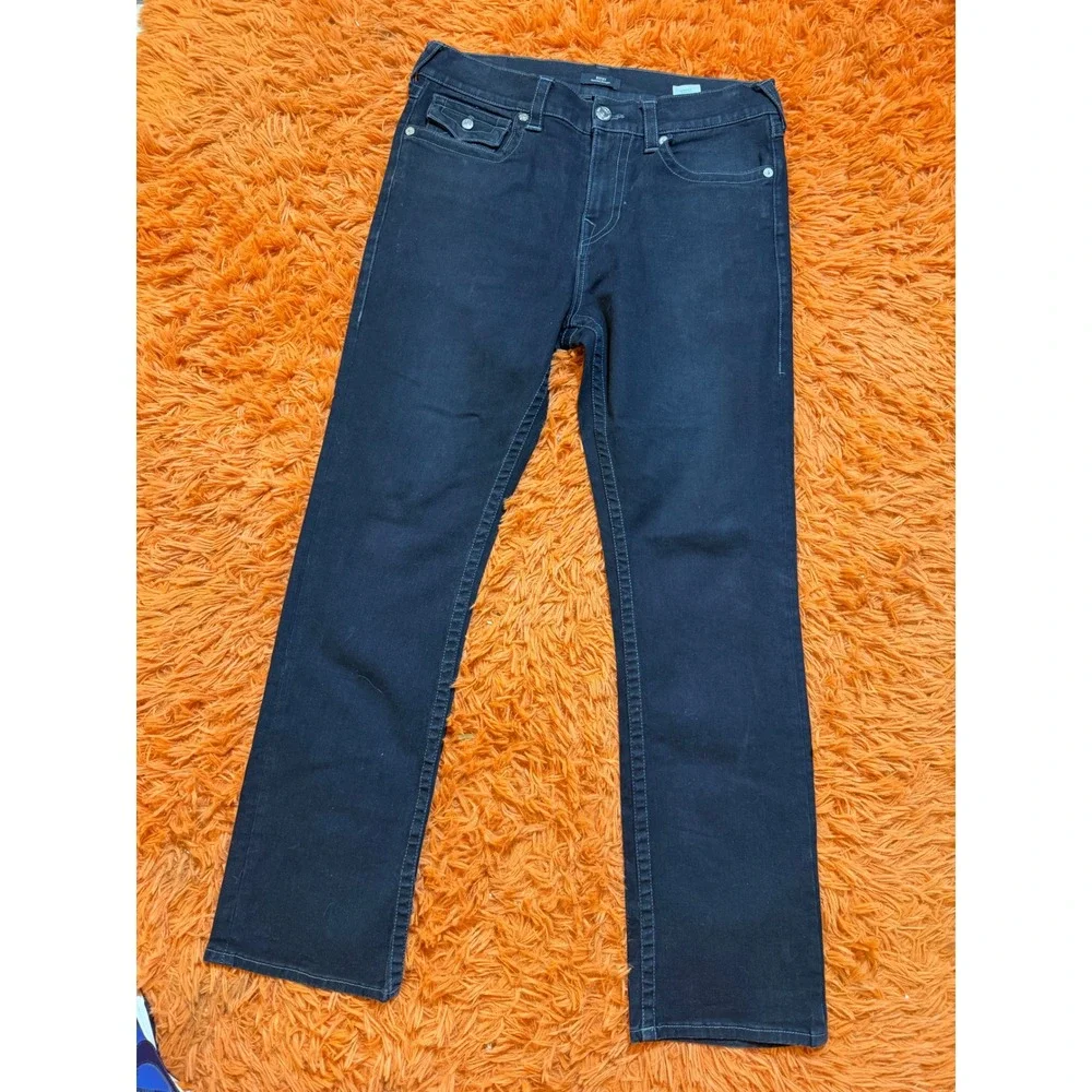 True Religion Ricky Relaxed Straight Black Jeans Mens 34 Horseshoe Stitch